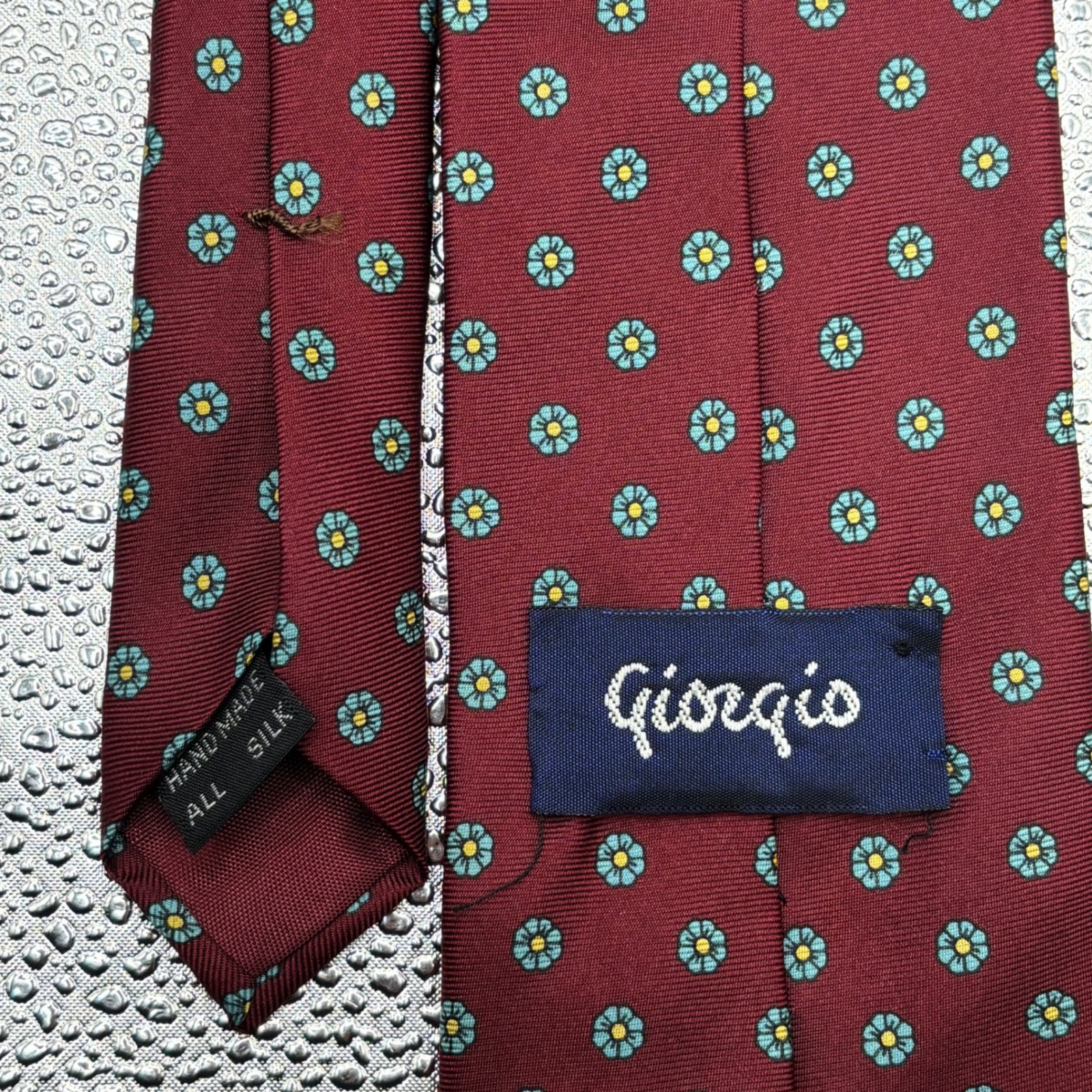 Giorgio Burgundy Silk Blue Micro Geometric Floral Necktie Hand Made
